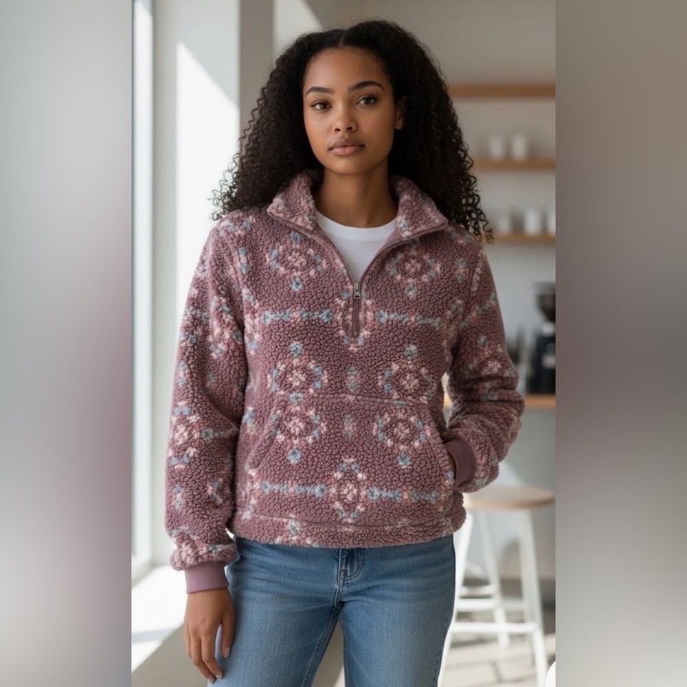 Hippie Rose Sherpa Quarter Zip Pullover Mauve Aztec  Size XL NWT
